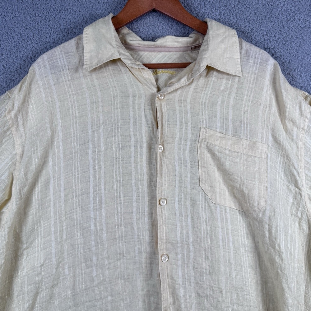Tommy Bahama Shirt Mens‎ XLX Yellow 100% Linen Short Sleeve Button Up Hawaiian